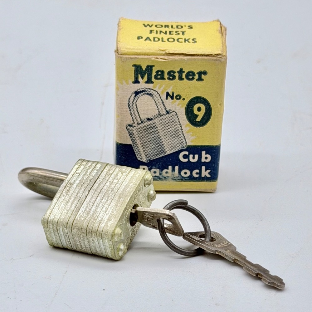 NOS Master Lock No. 9 Cub Padlock Vintage Laminated Steel with Original Box Key